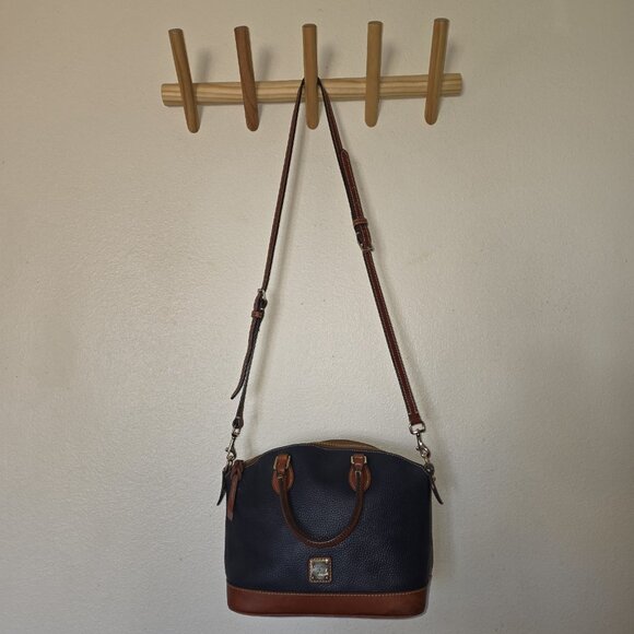 Dooney & Bourke Pebble Grain Darcy Domed Satchel Crossbody Navy Tan Leather - Picture 2 of 16